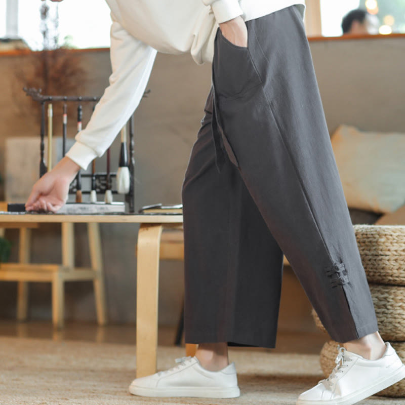 Buddha Stones Fall Drawstring Chinese Frog-Button Men's Wide Leg Cotton Pants With Pockets