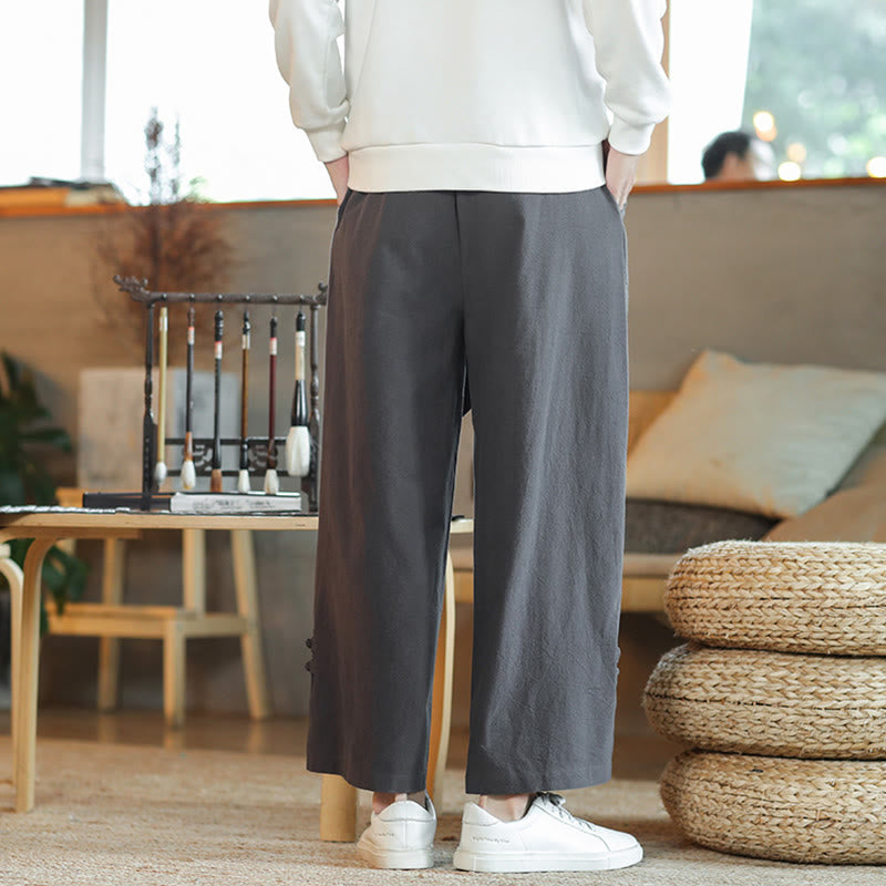 Buddha Stones Fall Drawstring Chinese Frog-Button Men's Wide Leg Cotton Pants With Pockets