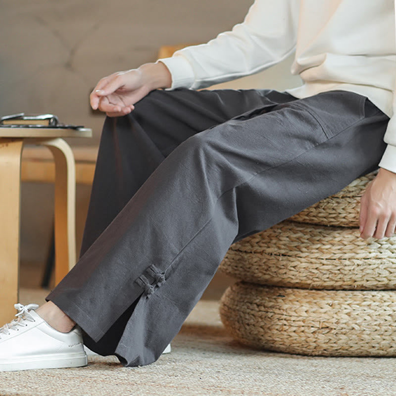 Buddha Stones Fall Drawstring Chinese Frog-Button Men's Wide Leg Cotton Pants With Pockets