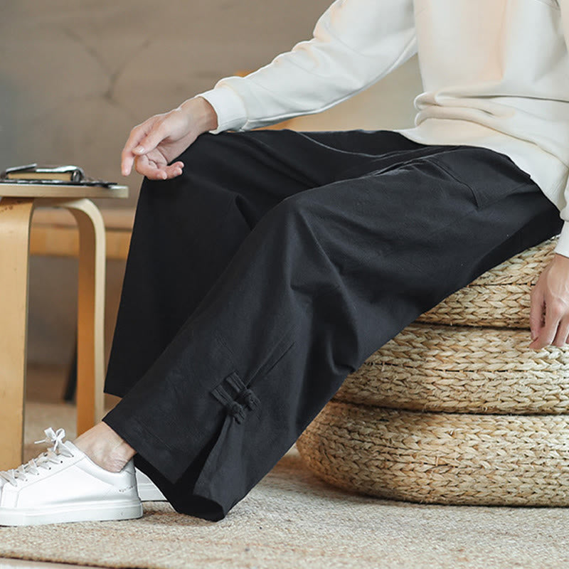 Buddha Stones Fall Drawstring Chinese Frog-Button Men's Wide Leg Cotton Pants With Pockets