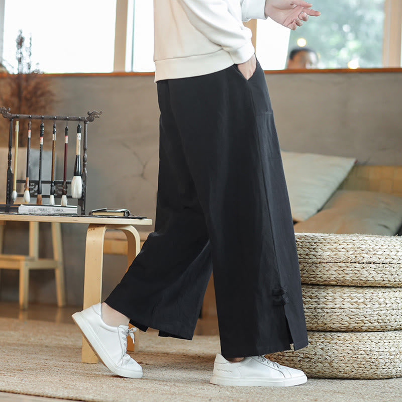 Buddha Stones Fall Drawstring Chinese Frog-Button Men's Wide Leg Cotton Pants With Pockets