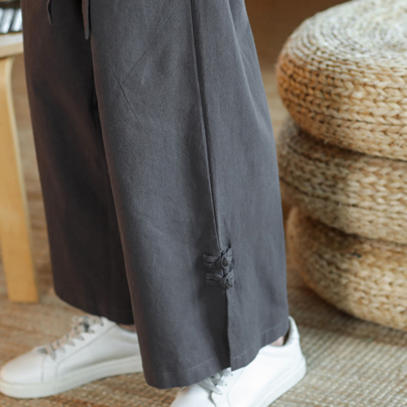 Buddha Stones Fall Drawstring Chinese Frog-Button Men's Wide Leg Cotton Pants With Pockets