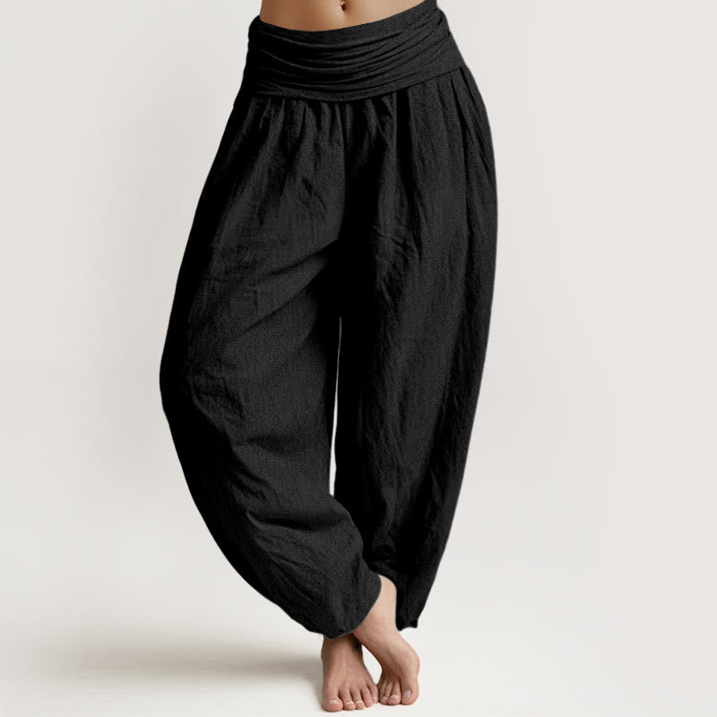Buddha Stones Pure Cotton Plain Black Women's Elastic Waist Harem Pants