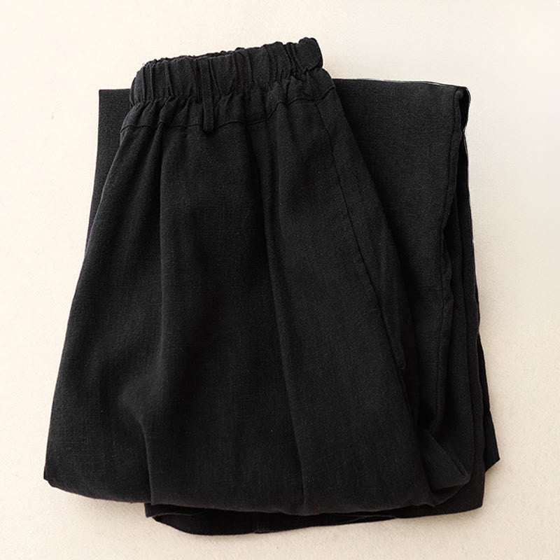 Buddha Stones Solid Color Cotton Women's Wide Leg Pants With Pockets