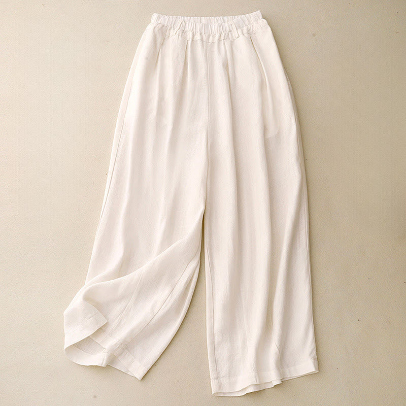 Buddha Stones Solid Color Cotton Women's Wide Leg Pants With Pockets