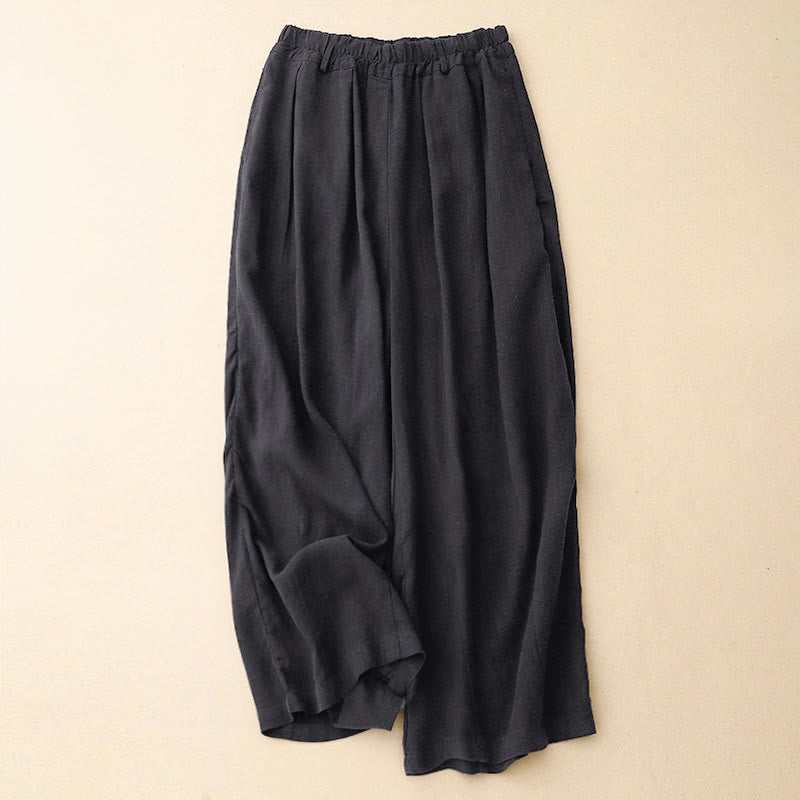 Buddha Stones Solid Color Cotton Women's Wide Leg Pants With Pockets