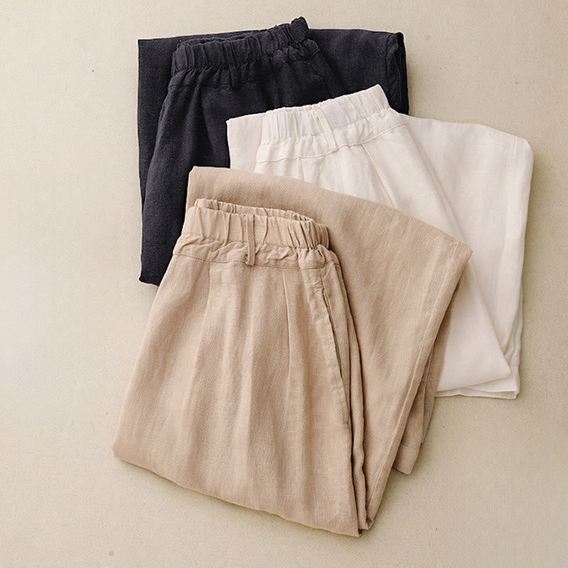 Buddha Stones Solid Color Cotton Women's Wide Leg Pants With Pockets