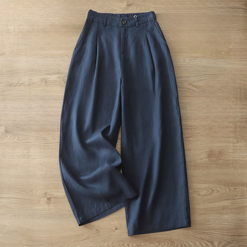 Buddha Stones Solid Color Cotton Women's Button Wide Leg Pants With Pockets