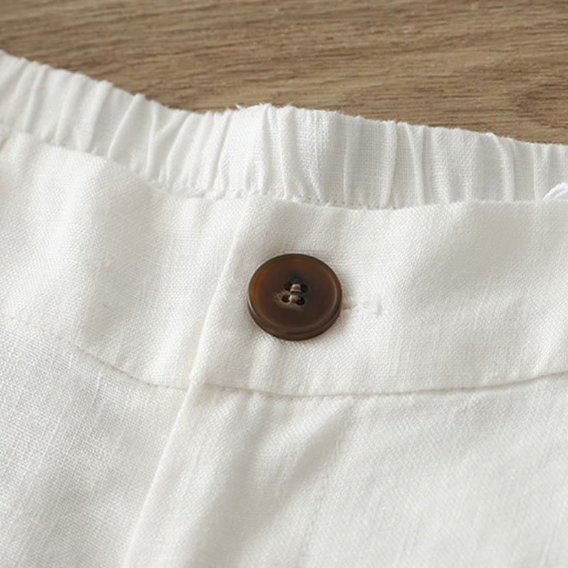 Buddha Stones Solid Color Cotton Women's Button Wide Leg Pants With Pockets