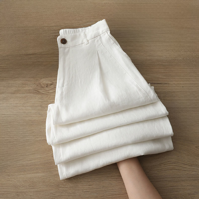 Buddha Stones Solid Color Cotton Women's Button Wide Leg Pants With Pockets