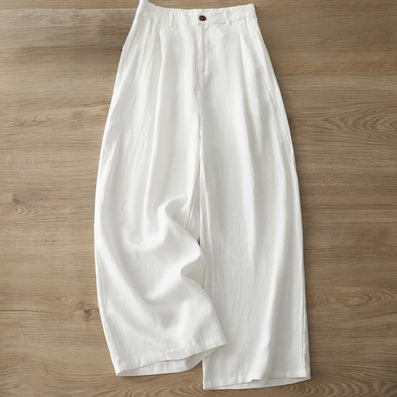 Buddha Stones Solid Color Cotton Women's Button Wide Leg Pants With Pockets