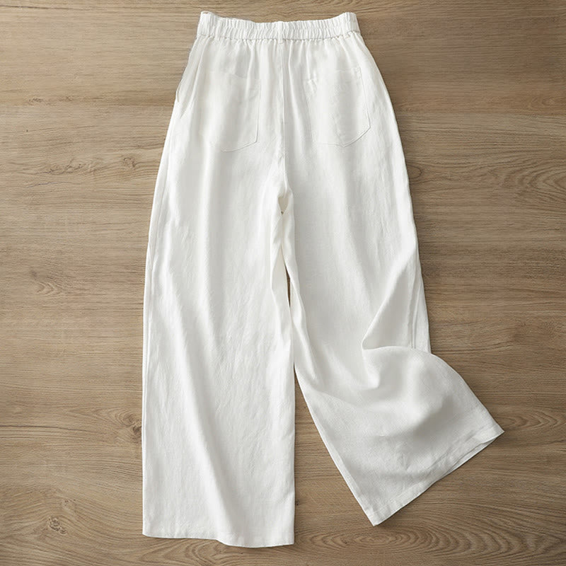 Buddha Stones Solid Color Cotton Women's Button Wide Leg Pants With Pockets