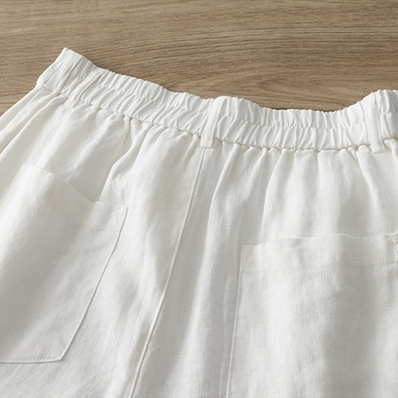 Buddha Stones Solid Color Cotton Women's Button Wide Leg Pants With Pockets