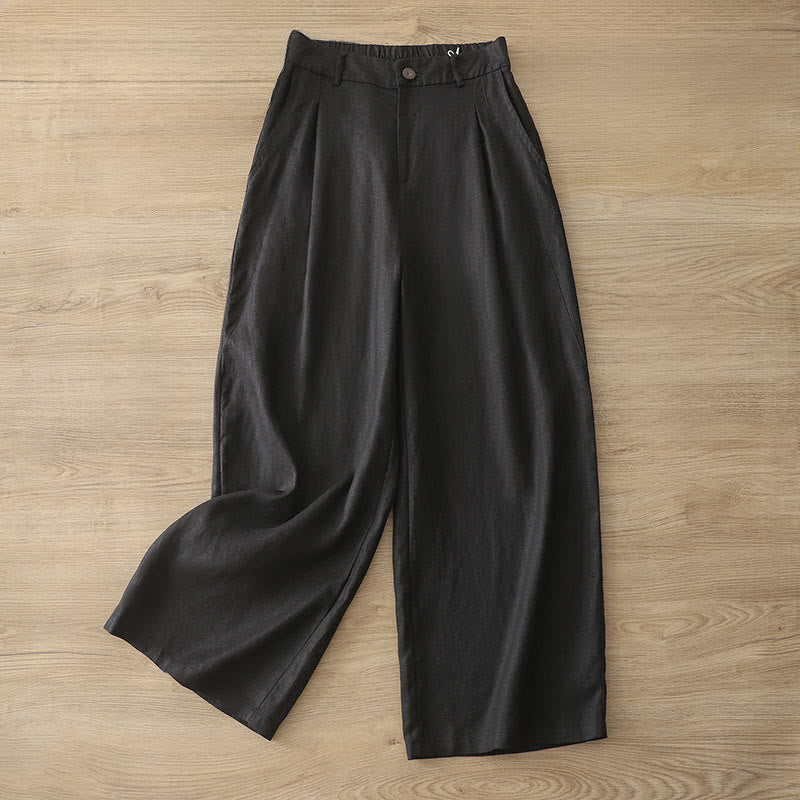 Buddha Stones Solid Color Cotton Women's Button Wide Leg Pants With Pockets