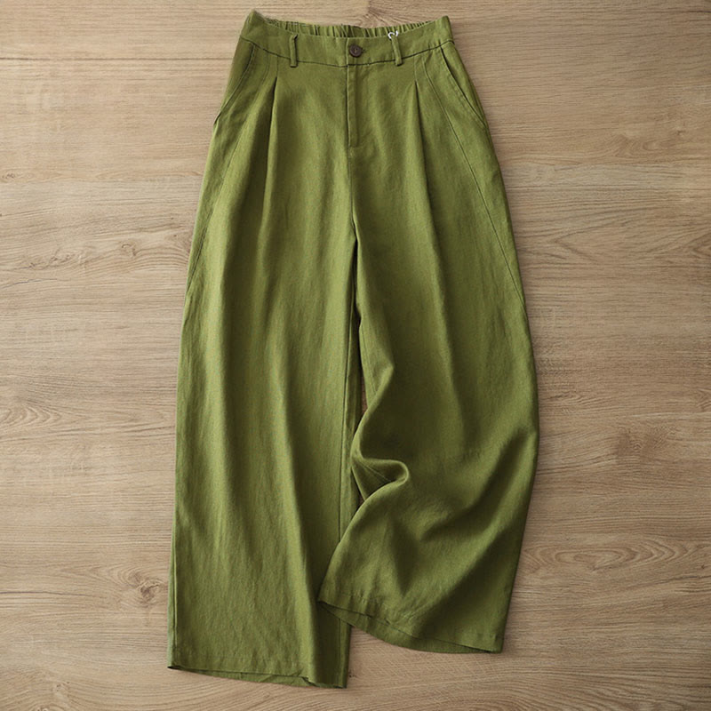 Buddha Stones Solid Color Cotton Women's Button Wide Leg Pants With Pockets