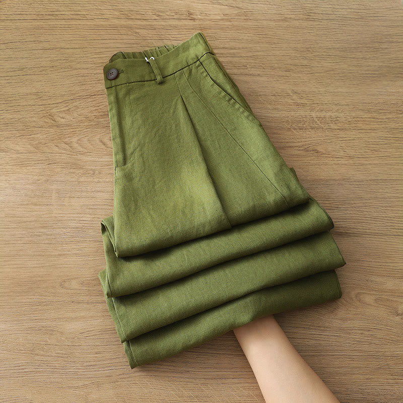 Buddha Stones Solid Color Cotton Women's Button Wide Leg Pants With Pockets