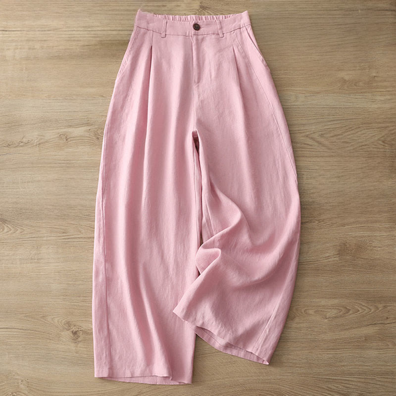 Buddha Stones Solid Color Cotton Women's Button Wide Leg Pants With Pockets