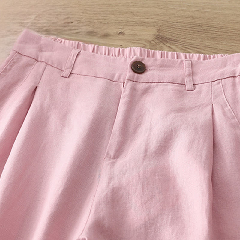 Buddha Stones Solid Color Cotton Women's Button Wide Leg Pants With Pockets