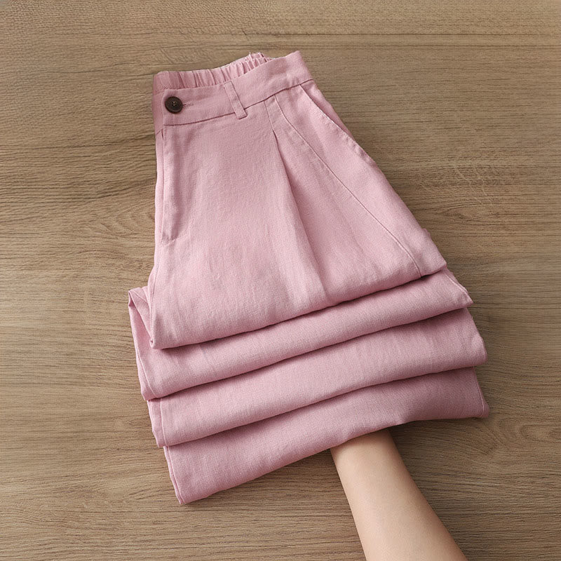 Buddha Stones Solid Color Cotton Women's Button Wide Leg Pants With Pockets