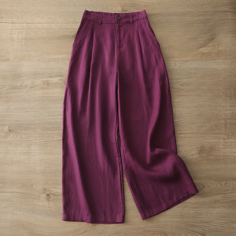 Buddha Stones Solid Color Cotton Women's Button Wide Leg Pants With Pockets