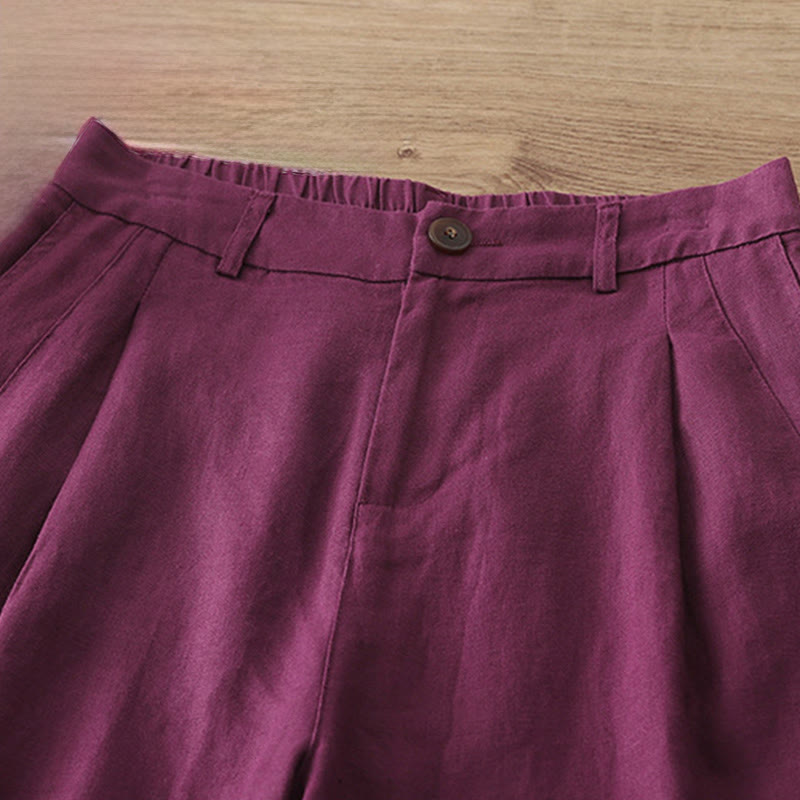 Buddha Stones Solid Color Cotton Women's Button Wide Leg Pants With Pockets