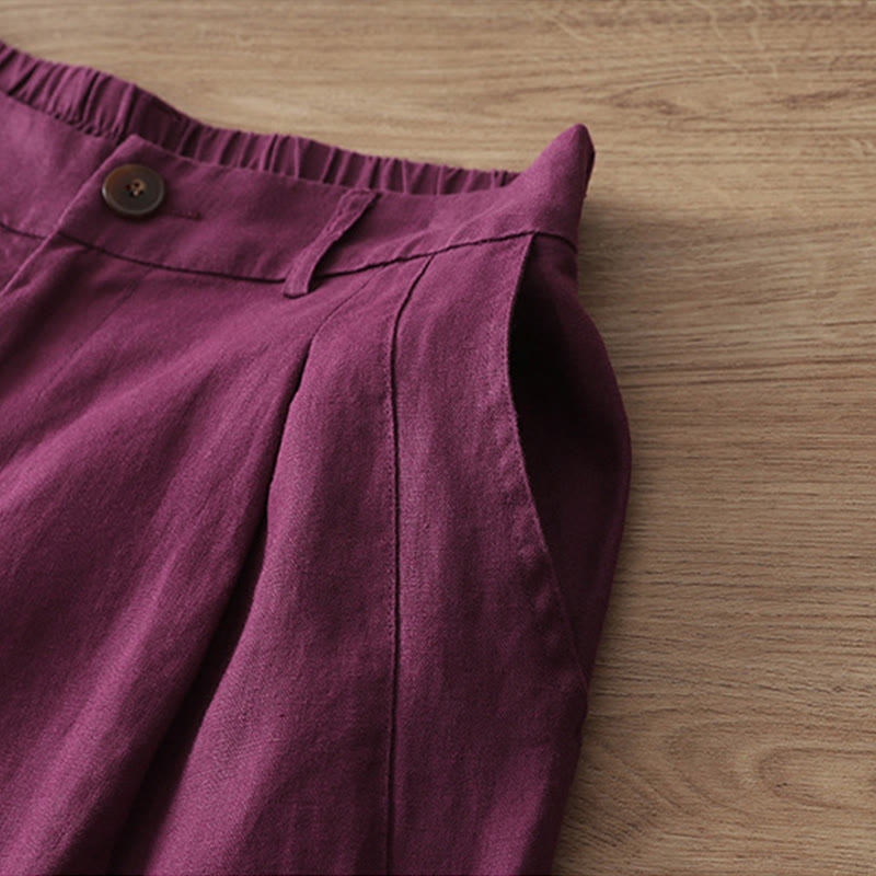 Buddha Stones Solid Color Cotton Women's Button Wide Leg Pants With Pockets