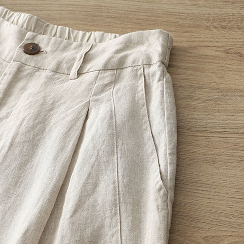 Buddha Stones Solid Color Cotton Women's Button Wide Leg Pants With Pockets