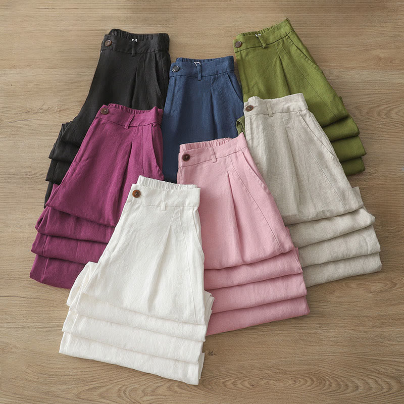 Buddha Stones Solid Color Cotton Women's Button Wide Leg Pants With Pockets