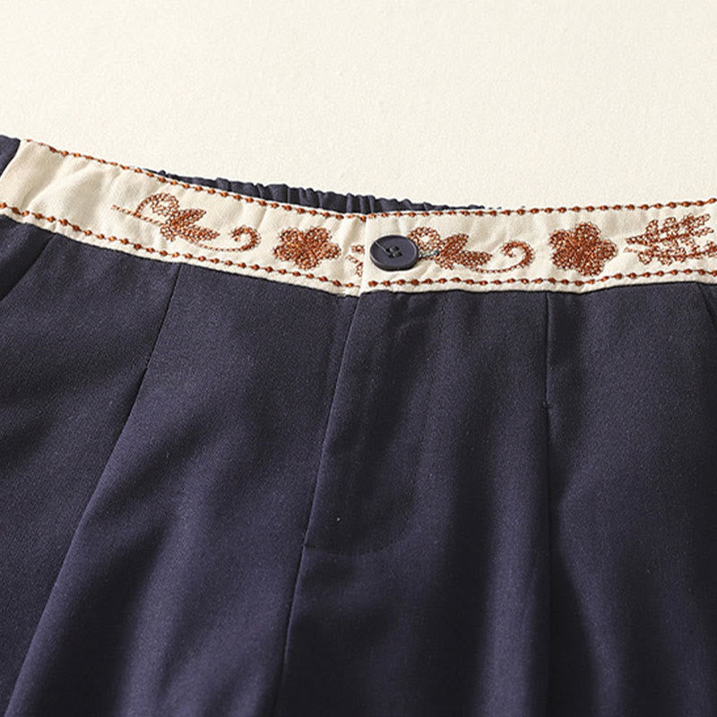 Buddha Stones Embroidery Pattern Polyester Women's Wide Leg Pants With Pockets