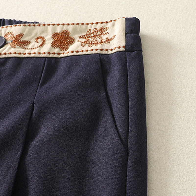 Buddha Stones Embroidery Pattern Polyester Women's Wide Leg Pants With Pockets