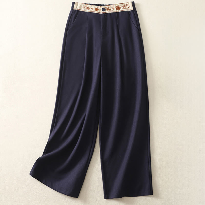 Buddha Stones Embroidery Pattern Polyester Women's Wide Leg Pants With Pockets