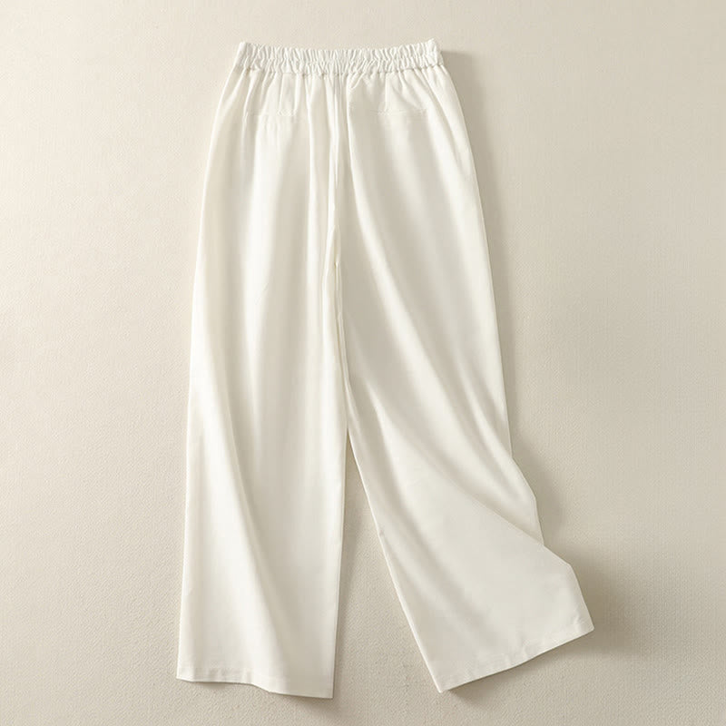 Buddha Stones Embroidery Pattern Polyester Women's Wide Leg Pants With Pockets