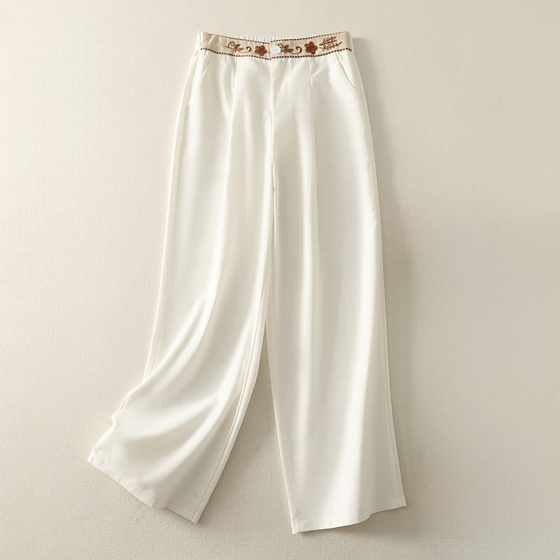 Buddha Stones Embroidery Pattern Polyester Women's Wide Leg Pants With Pockets