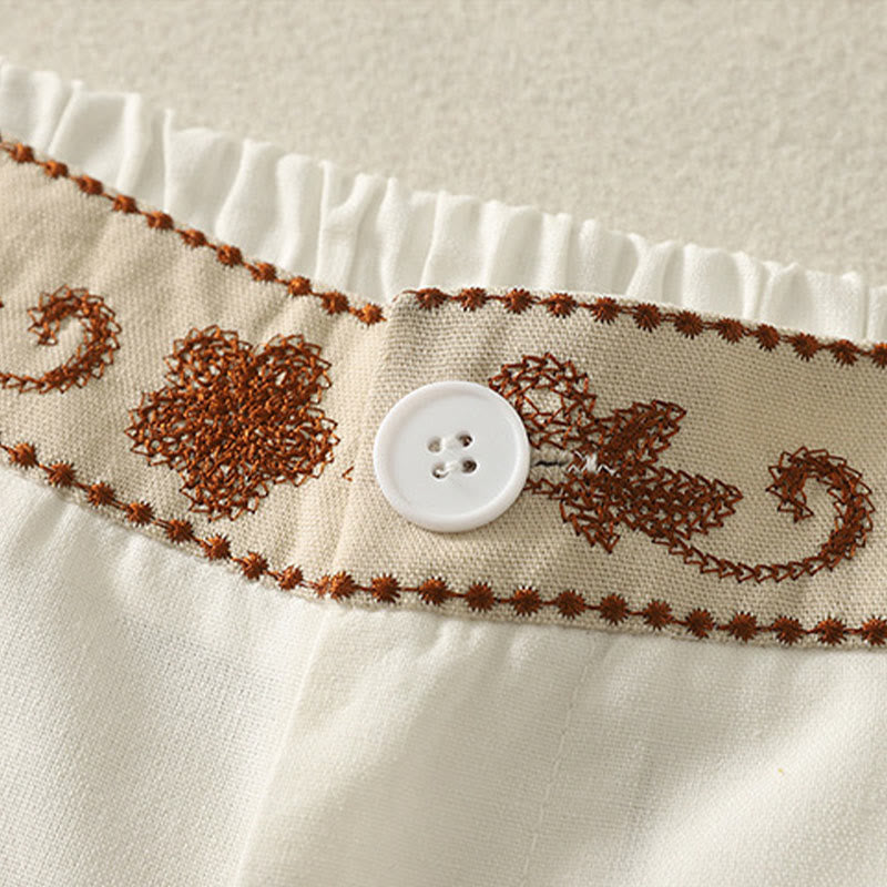 Buddha Stones Embroidery Pattern Polyester Women's Wide Leg Pants With Pockets