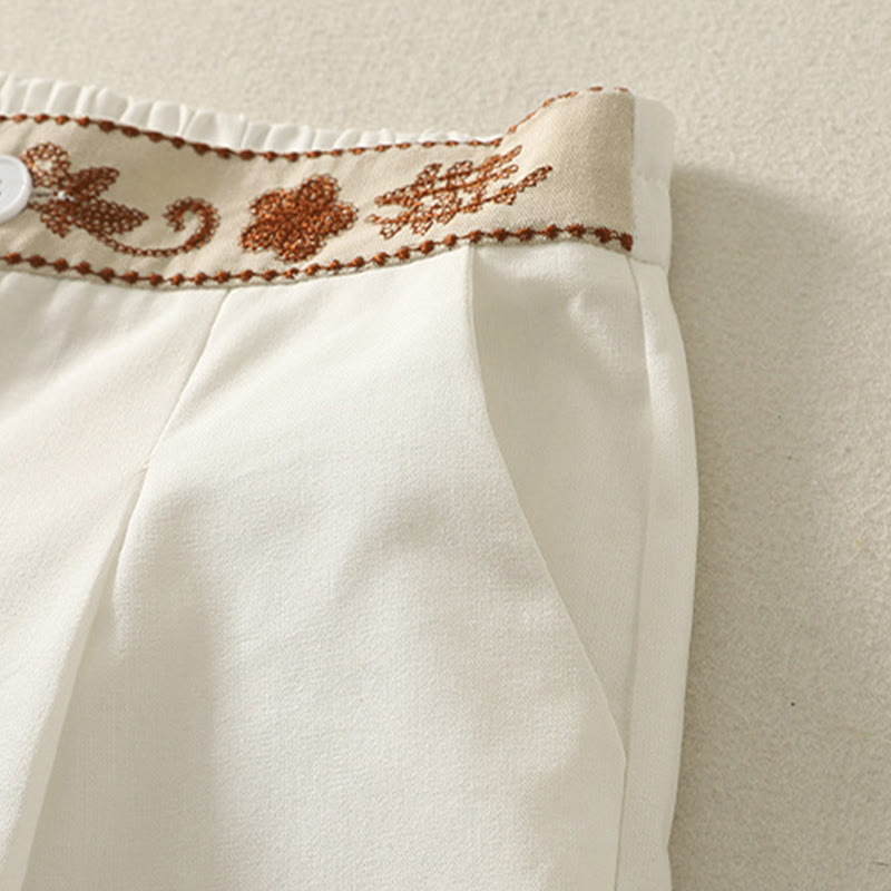 Buddha Stones Embroidery Pattern Polyester Women's Wide Leg Pants With Pockets
