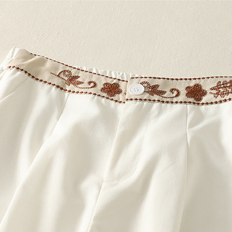 Buddha Stones Embroidery Pattern Polyester Women's Wide Leg Pants With Pockets
