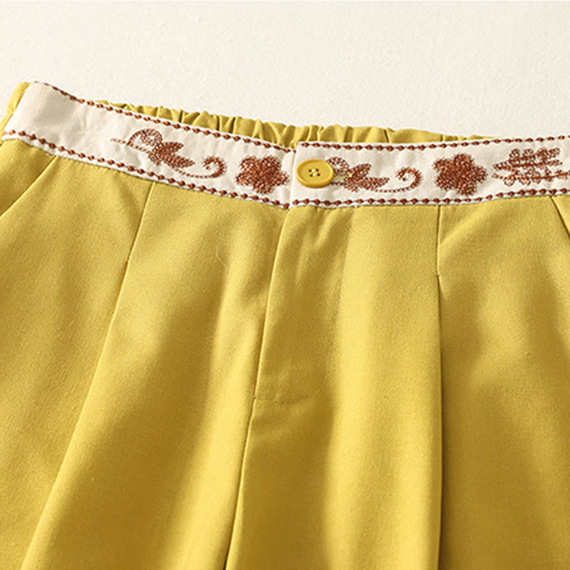 Buddha Stones Embroidery Pattern Polyester Women's Wide Leg Pants With Pockets