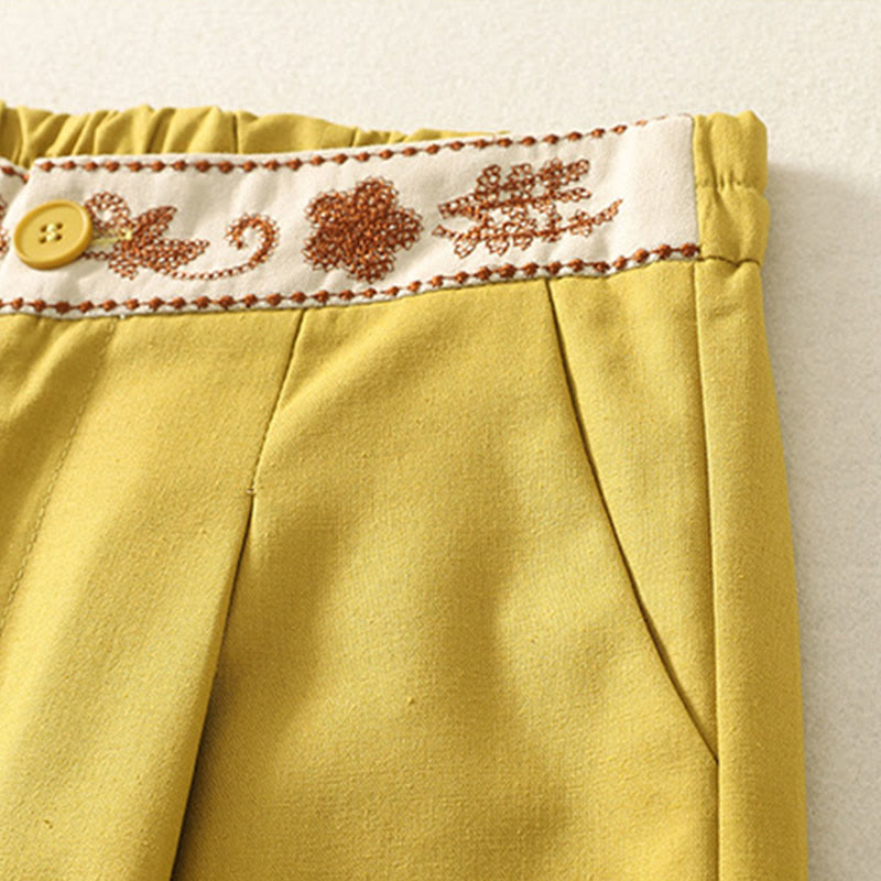 Buddha Stones Embroidery Pattern Polyester Women's Wide Leg Pants With Pockets