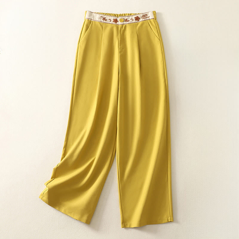 Buddha Stones Embroidery Pattern Polyester Women's Wide Leg Pants With Pockets