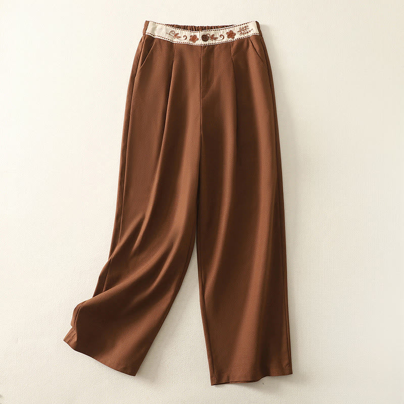 Buddha Stones Embroidery Pattern Polyester Women's Wide Leg Pants With Pockets