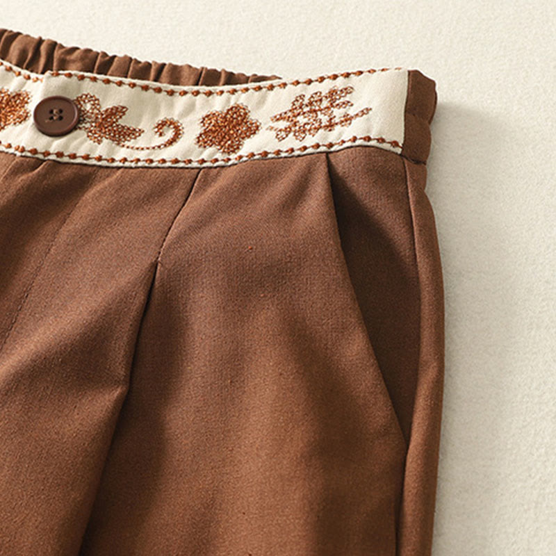 Buddha Stones Embroidery Pattern Polyester Women's Wide Leg Pants With Pockets