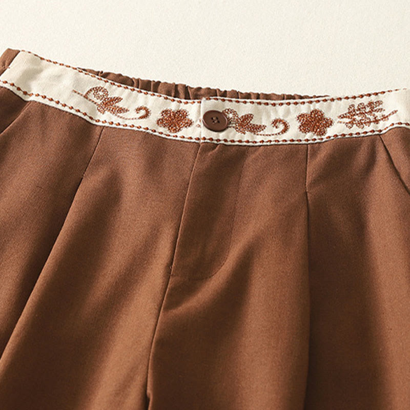 Buddha Stones Embroidery Pattern Polyester Women's Wide Leg Pants With Pockets