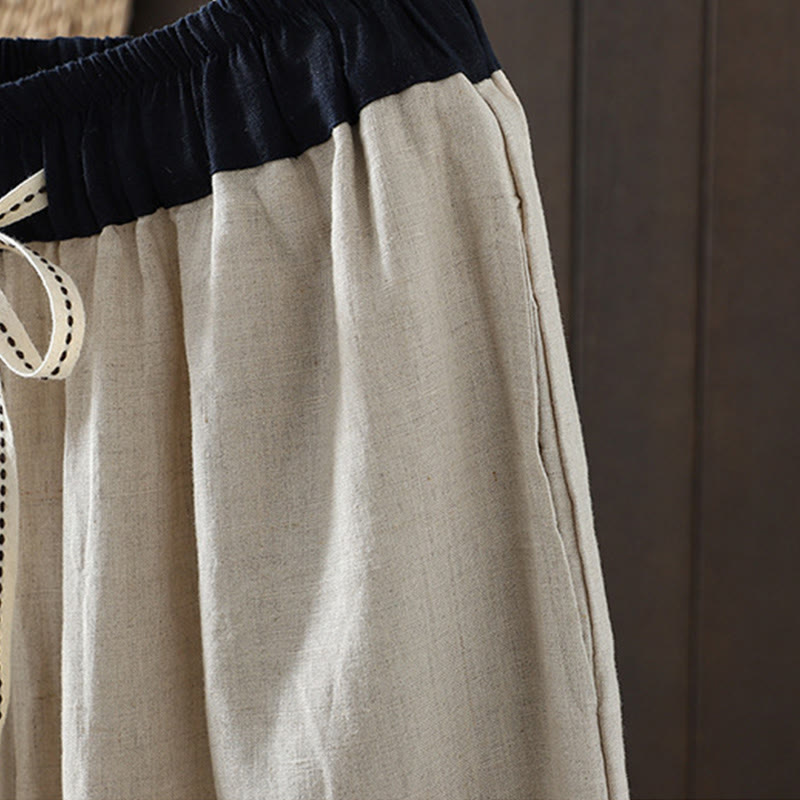 Buddha Stones Casual Splicing Color Rope Women's Cotton Straight-leg Pants With Pockets