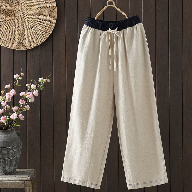 Buddha Stones Casual Splicing Color Rope Women's Cotton Straight-leg Pants With Pockets