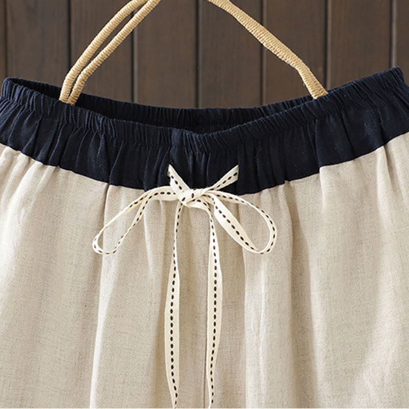 Buddha Stones Casual Splicing Color Rope Women's Cotton Straight-leg Pants With Pockets