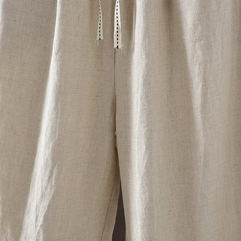 Buddha Stones Casual Splicing Color Rope Women's Cotton Straight-leg Pants With Pockets