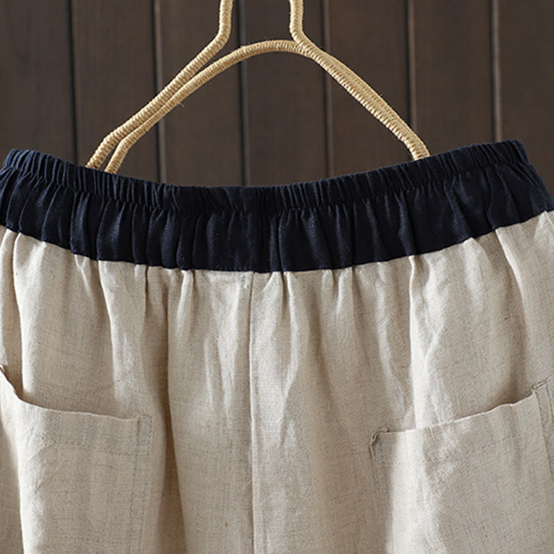 Buddha Stones Casual Splicing Color Rope Women's Cotton Straight-leg Pants With Pockets