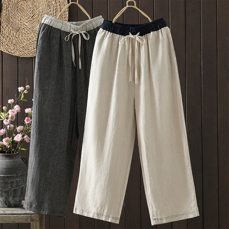 Buddha Stones Casual Splicing Color Rope Women's Cotton Straight-leg Pants With Pockets