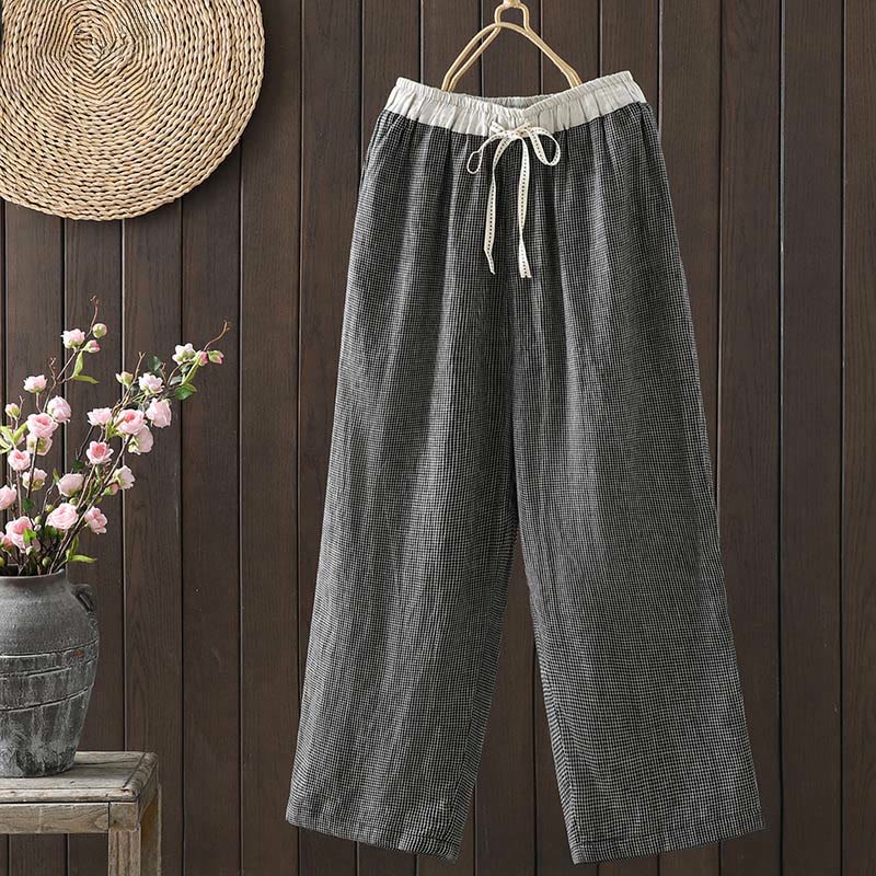 Buddha Stones Casual Splicing Color Rope Women's Cotton Straight-leg Pants With Pockets