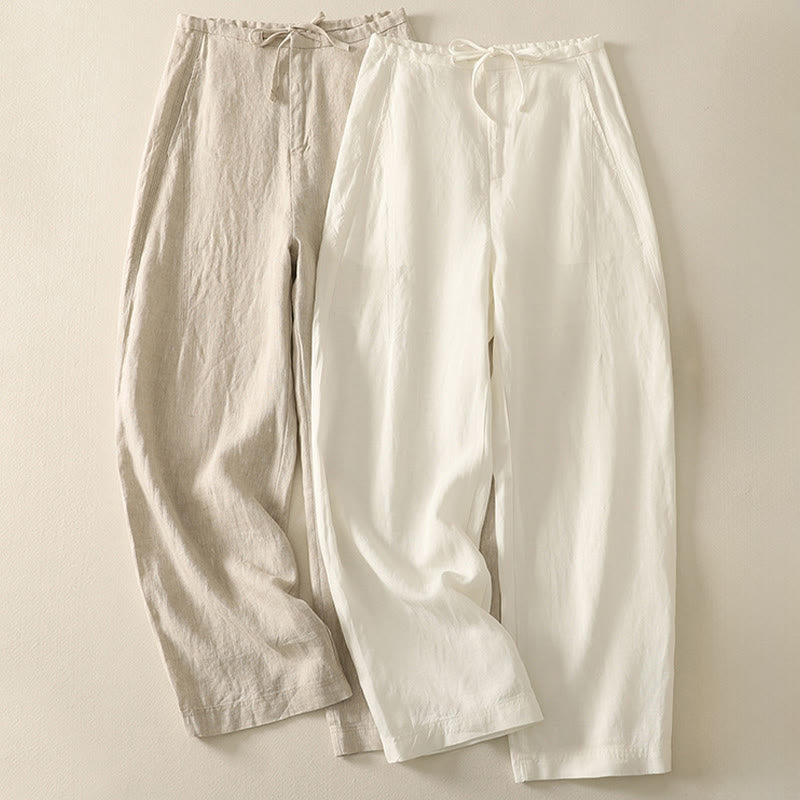 Buddha Stones Casual Plain Rope Women's Cotton Pants With Pockets